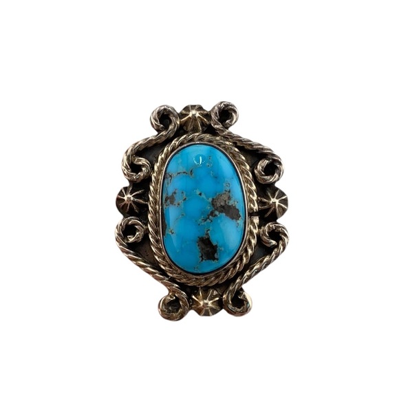 TURQUOISE NAVAJO RUNNING BEAR SIGNED STERLING SILVER RING VINTAGE SIZE 8.25 - Picture 9 of 13